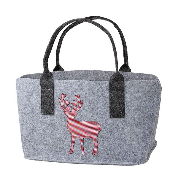 Filztasche Hirsch, Shopper Rotwild, rot/weiß karierter Hirsch, helles grau, 26x40cm, Gilde