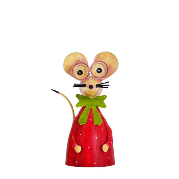 Zaunhocker Maus, Maus mit Brille und Schleife, rot, 14x23cm, Metall