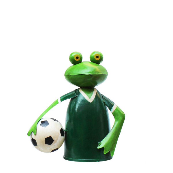 Zaunhocker Frosch Fußball, Frosch mit Fußballtrikot grün und Fußball, 18x19cm, Metall