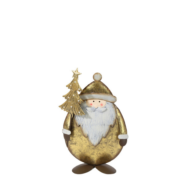 Deko Nikolaus mit Tannenbaum, Weihnachtsmann antik gold - used look, 13cm, Metall