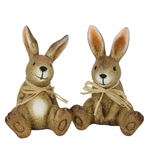 Deko Hase, Osterhase mit Bastschleife, sitzend, 11cm, Ton