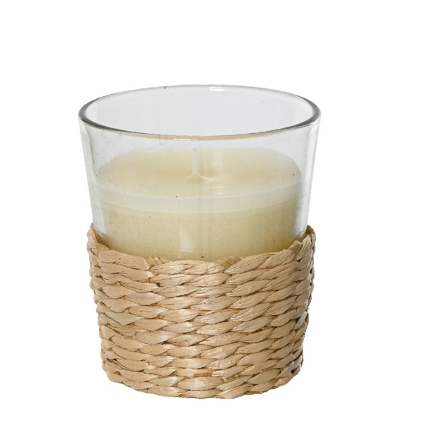 Duftkerze Citronella im Glas, Duftkerze creme im Bastkorb, outdoor, 7x7cm