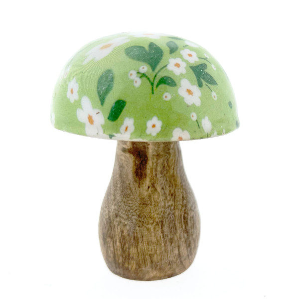 Deko Pilz mit grüner Kappe und Blumenmuster, kleiner Holzpilz mit Blumen, 8cm