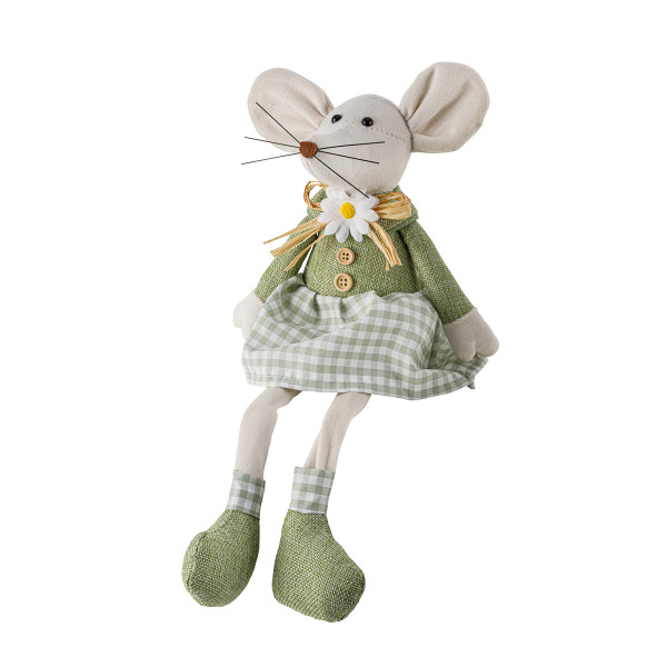 Deko Kantenhocker Maus mit Kleid, Stoffmaus grün kariert, 41cm