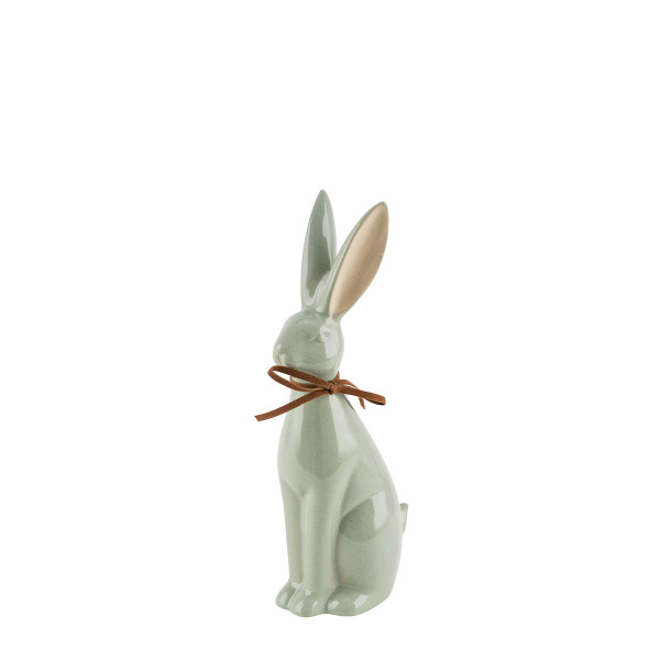 Deko Hase mit Schleife, schlanker Keramik Osterhase, glänzend salbei, 18cm