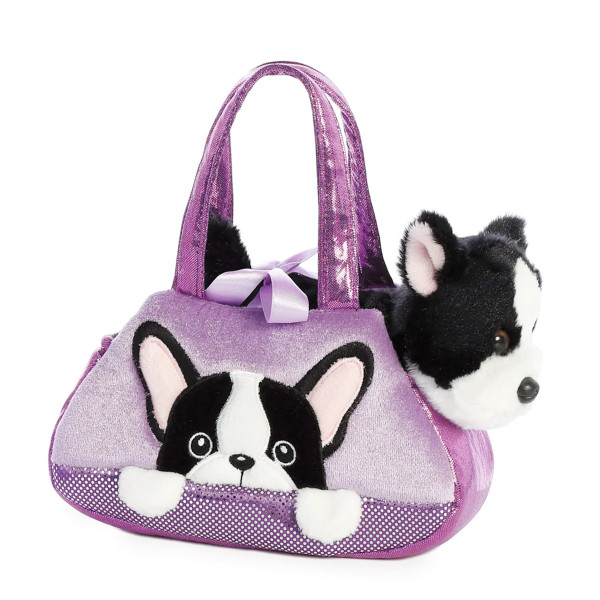 Plüsch Tasche mit Stofftier Hund, Franz. Bulldoge schwarz-weiß, Fancy Pals, Peek-a-Boo, 20cm, Aurora