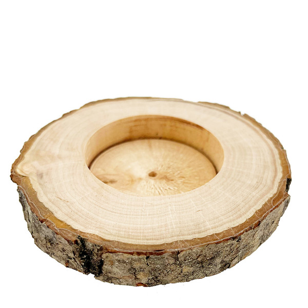 Teelichthalter Naturholz, Holzscheibe mit Rinde, Aussparung für Teelichte, Ø9cm