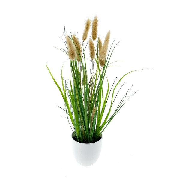 Deko Kunstpflanze Gras, Samtgras, Lagurus im weißen Melanintopf, 50cm