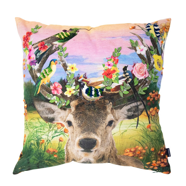 Deko Kissen Hirsch Fleury, Hirsch mit Blumengeweih und Vögel, 45x45cm, Mars &amp; More