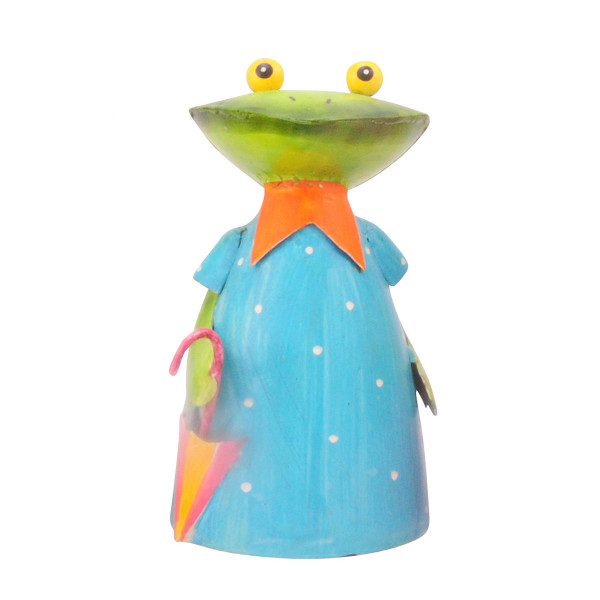 Zaunhocker Frosch mit Regenschirm, Metallfrosch blaues Kleid und Regenschirm, 18cm