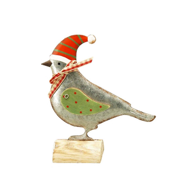 Deko Vogel, Weihnachtsvogel Junker mit roter Mütze, grüne Flügel, 17cm, Metall
