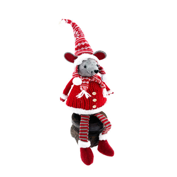 Deko Maus, Weihnachtsmaus Albert mit Strickmütze und Schal, Bammelbeine, rot/grau, 43cm