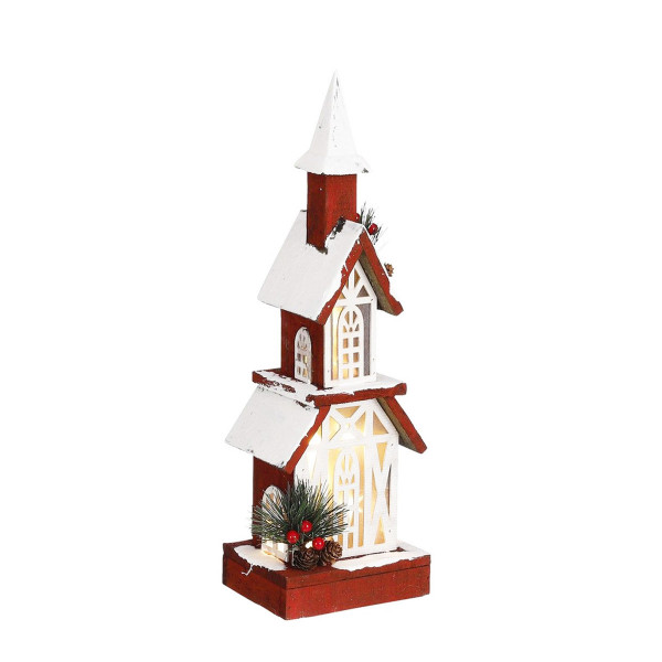 Deko LED Holzkirche beschneit, rot, 14x45cm, battriebetrieben, House of Seasons