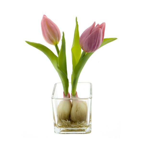 Kunstpflanze Tulpen Sally im Glas, 2 Tulpen pink im Glastopf, 19cm