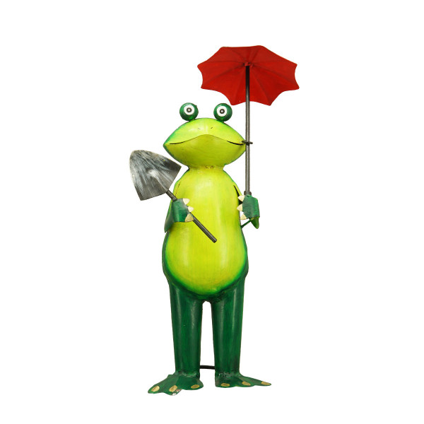 Deko Frosch, Frosch mit rotem Regenschirm und Schaufel, 44cm, Metall