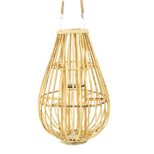 Deko Windlicht Rattan natur, Korbwindlicht Boho mit Henkel, 50cm