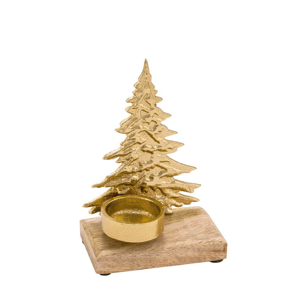 Kerzenhalter Tannenbaum, Holztablett mit Teelichthalter, Tannenbaum gold, 15cm