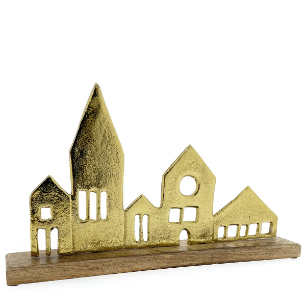 Deko Häuserzeile mit Kirche, Aufsteller Häuser und Kirche, gold, 38cm, Holz/Metall