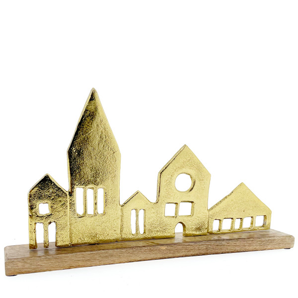 Deko Häuserzeile mit Kirche, Aufsteller Häuser und Kirche, gold, 38cm, Holz-Metall