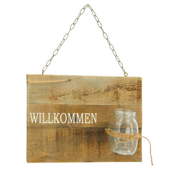 Deko Holzschild Willkommen, Türschild aus Holz mit Blumenvase, 38x28cm, Hänger, DIJK Natural Collect