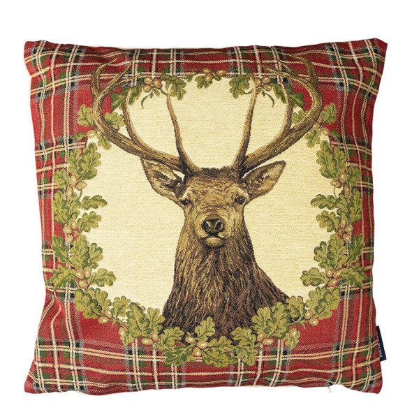 Gobelin Kissen Hirsch, Hirsch Tartan im Kranz, rot kariert, 45x45cm, Mars &amp; More