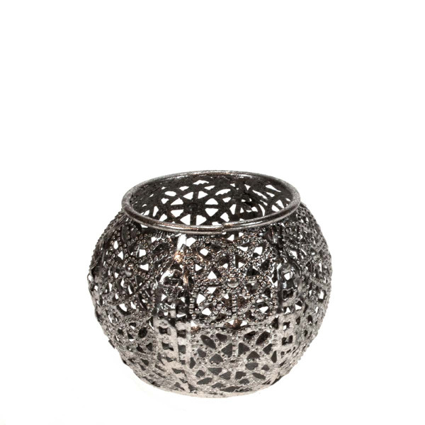 Windlicht Ornament durchscheinend, Teelichthalter kugelform silber, Ø8cm, Metall