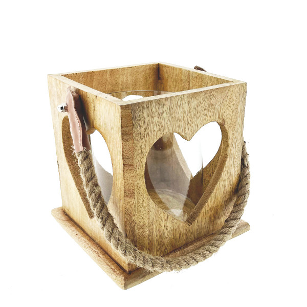 Holzlaterne, Laterne Herz mit Jutegriff, 17x15cm, Mangoholz