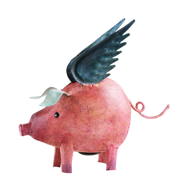 Sparschwein mit Flügel, Metallschwein Flying Pic, rosa-blau, 24x25cm