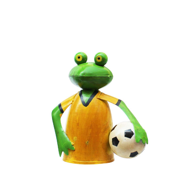 Zaunhocker Frosch Fußball, Frosch mit Fußballtrikot gelb und Fußball, 18x19cm, Metall