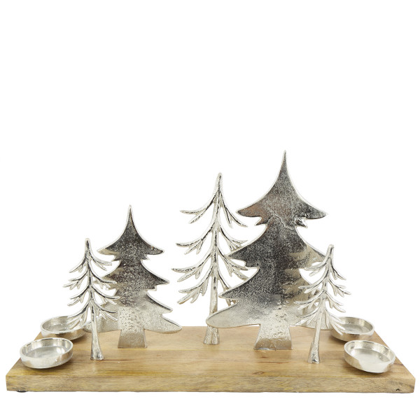 Deko Kerzenhalter, Tablett mit Bäume, silber-natur, 37x63cm, Metall-Holz