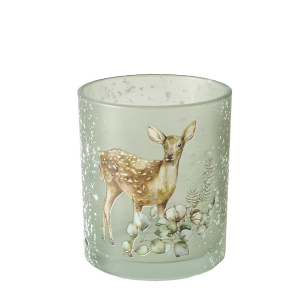 Windlicht Hirsch Luca hellgrün, Bambi mit Blumen, 7x8cm, Boltze Home Collections