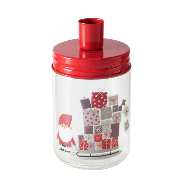 Kerzenglas Weihnachtsmann, Kerzenhalter rot, mit Schlitten und Geschenke, Boltze Home Collections