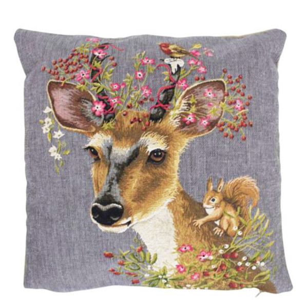 Gobelin Kissen Reh, kleiner Rehbock mit Blumen und Eichhörnchen, 45x45cm, Mars &amp; More