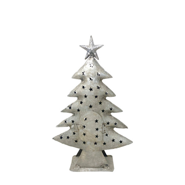 Deko Windlicht Tannenbaum mit Stern und Türchen, antik silber, 39cm, Metall