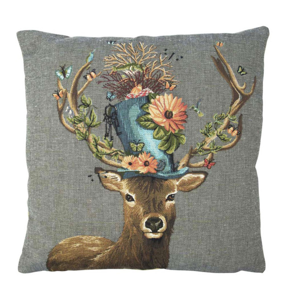 Gobelin Kissen Hirsch Funky, Hirsch mit Blumen und Hut, 45x45cm, Mars &amp; More