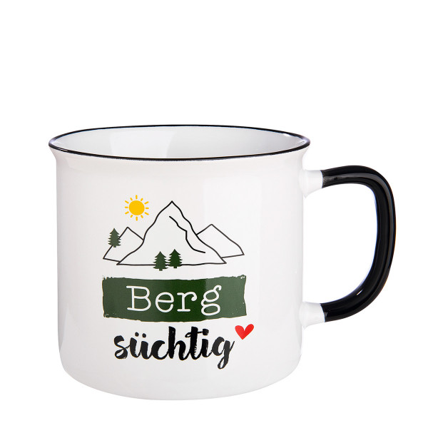 Keramik Tasse Berg, Henkelbecher mit Spruch: Bergsüchtig, Emailledesign, 390ml, Gilde