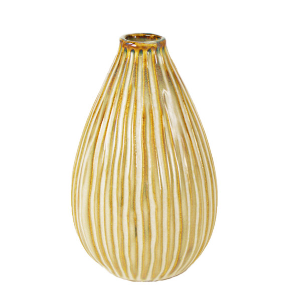 Keramik Blumenvase Rillen, Keramikvase bauchig gestreift, creme-beige,13x8cm