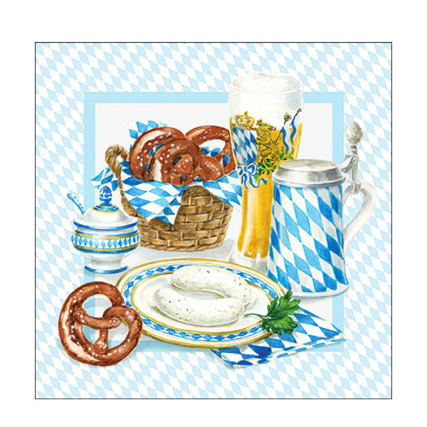 Ambiente Papierservietten, Weißwurstfrühstück, Breze, Weißwurst, Bierkrug, 33x33cm