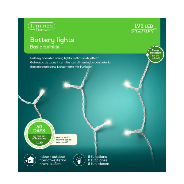 Lichterkette, Basic Twinkle, warmes weiß, 192 LED, 143cm, Batteriebetrieb, Lumineo