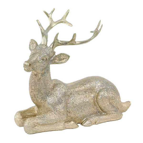 Deko Hirsch liegend, silbergold mit Glimmer, 15x13cm, Polyresin