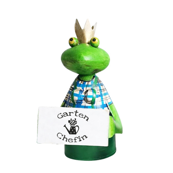 Zaunhocker Frosch Gärtner, Metallfrosch mit Spruch: Garten Chefin, 14x21cm