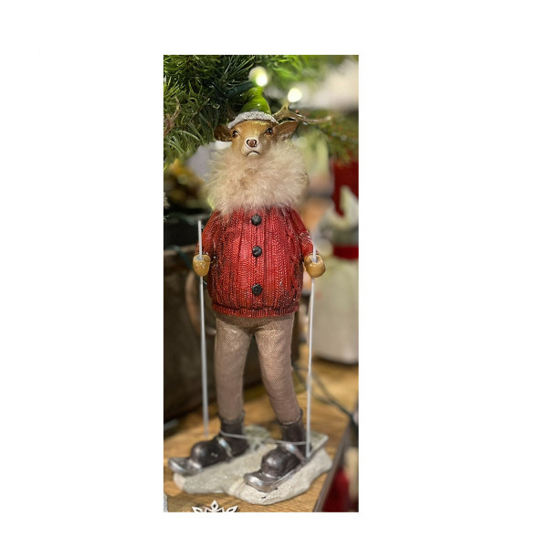 Deko Winterfigur Skifahrer Hirsch, Hirsch mit rotem Pullover und Ski, 29cm, Gerrys Garden