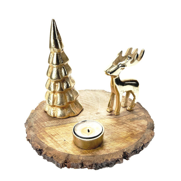 Teelichthalter Hirsch, Holztablett mit Hirsch und Tannenbaum, gold, Ø22cm