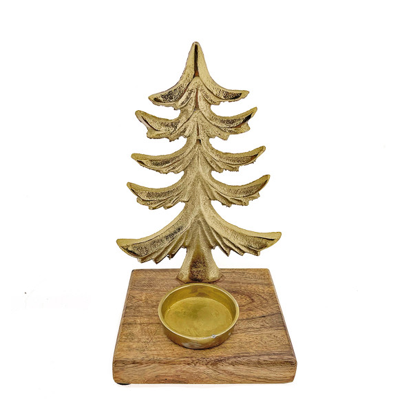 Kerzenhalter Tannenbaum Antik gold, Metallbaum auf Holzsockel, 20x12cm