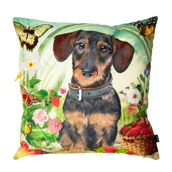 Fleury Kissen Hund, Dackel mit Schmetterling und Blumen, 45x45cm, B Living