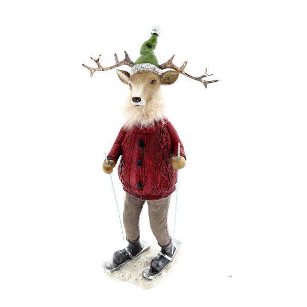 Deko Winterfigur Skifahrer Hirsch, Hirsch mit rotem Pullover und Ski, 40cm, Gerrys Garden