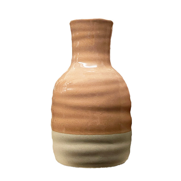 Keramik Blumenvase 2-farbig mit Rillen, Keramikvase apricot-beige, 11x20cm