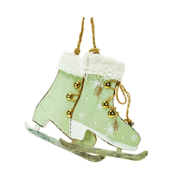 Deko Schlittschuhe Winter, Holz Schlittschuhe mit Plüsch, mintgrün-weiß used look, 10cm, zum Hängen