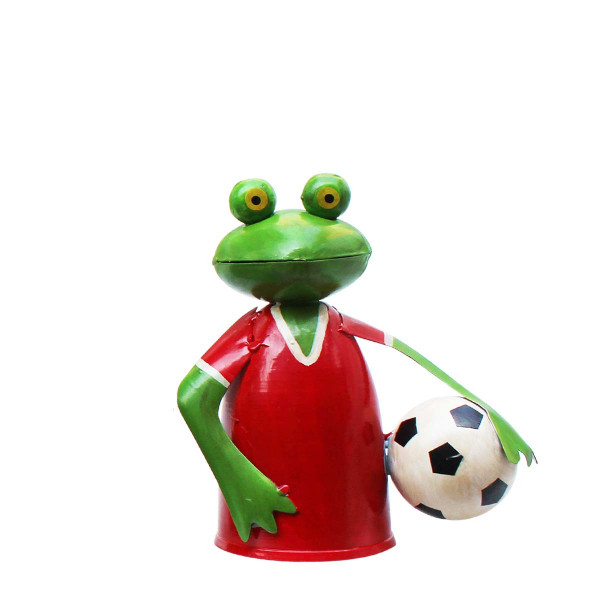 Zaunhocker Frosch Fußball, Frosch mit Fußballtrikot rot und Fußball, 18x19cm, Metall