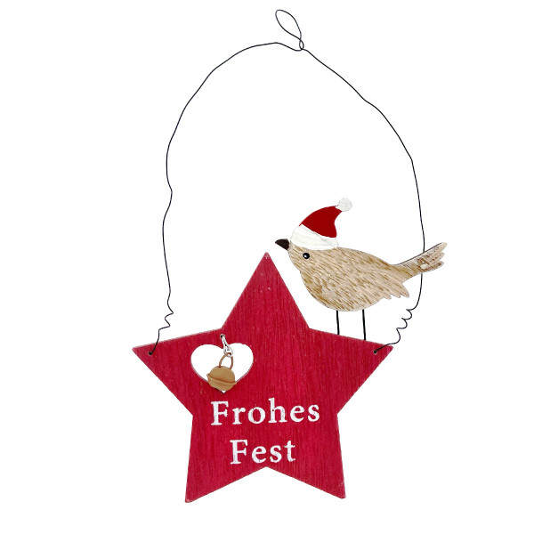 Deko Weihnachtshänger, Holzstern Frohes Fest, Stern mit Glöckchen und Vogel, rot/natur used look, 14